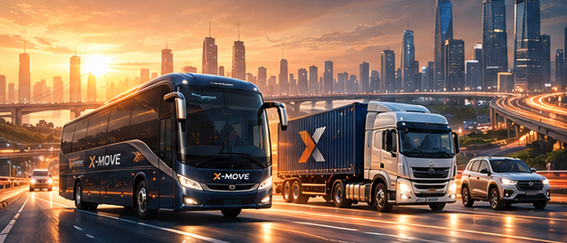 Minh họa thương hiệu X-MOVE với xe khách, xe tải và ô tô